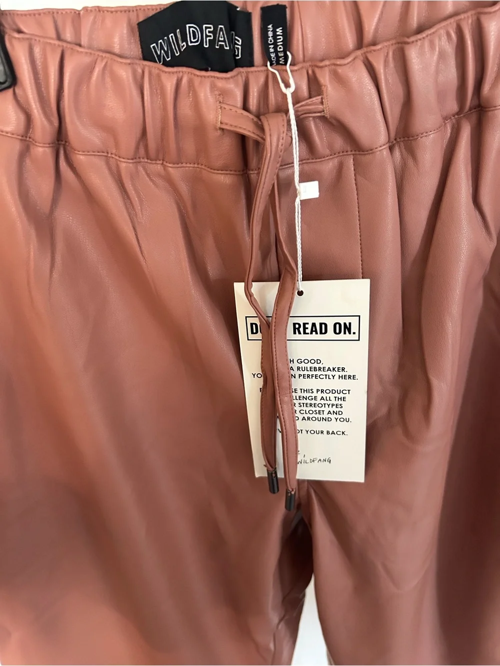 NWT Wildfang The Empower Vegan Leather Drawstring Pant Rose Brown size Medium